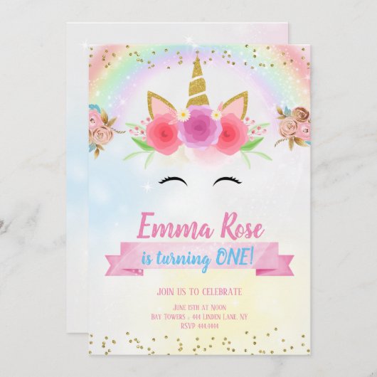 Invitation Unicorne Anniversaire Parties scintillant d'or de (Devant / Derrière)