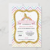 Invitation Unicorne Anniversaire Parties scintillant or Rainb (Devant)