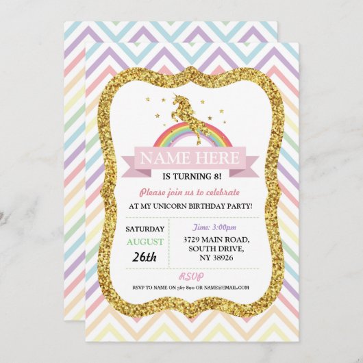 Invitation Unicorne Anniversaire Parties scintillant or Rainb (Devant / Derrière)