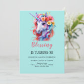 Invitation Unicorne anniversaire rose belle floral (Debout devant)