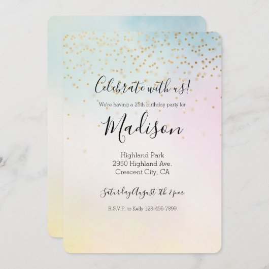 Invitation Unicorne Aqua rose Jaune teint or Confetti (Devant / Derrière)