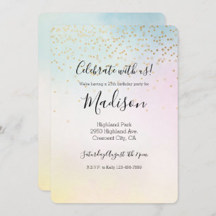 Invitation Unicorne Aqua rose Jaune teint or Confetti