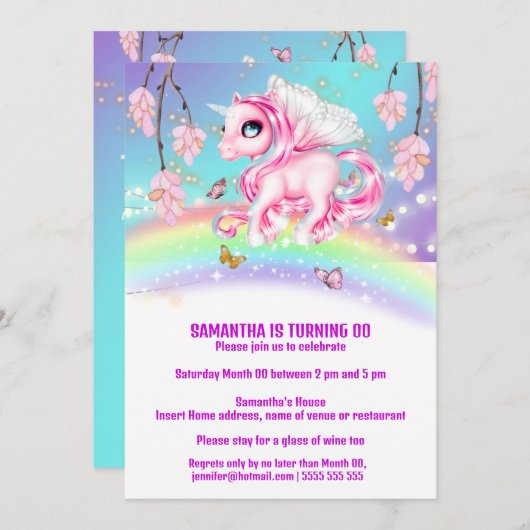 Invitation Unicorne arc-en-ciel magique imaginaire filles ann (Devant / Derrière)