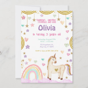 Invitation Unicorne Arc-en-ciel rose or étincelles Anniversai