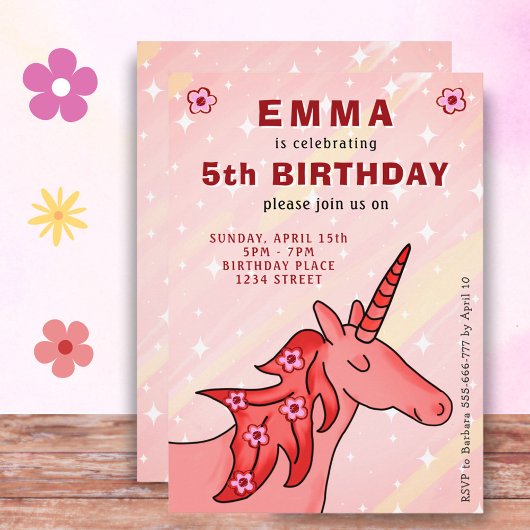 Invitation Unicorne avec Fleurs Fête d'anniversaire de la fil