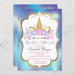 Invitation Unicorne, Baby shower Holographique bleu Invitatio