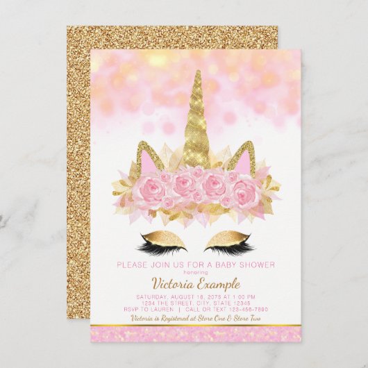 Invitation Unicorne Baby shower rose or Unicorne face (Devant / Derrière)