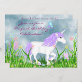 Invitation Unicorne blanche et violette avec papillons Annive (Devant / Derrière)