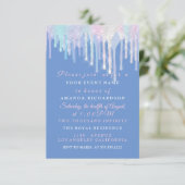 Invitation Unicorne bleu rose Quinceanera, gouttes holographi (Debout devant)