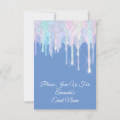 Invitation Unicorne bleu rose Quinceanera, gouttes holographi (Dos)