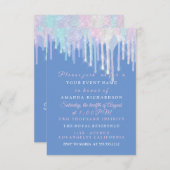 Invitation Unicorne bleu rose Quinceanera, gouttes holographi (Devant / Derrière)