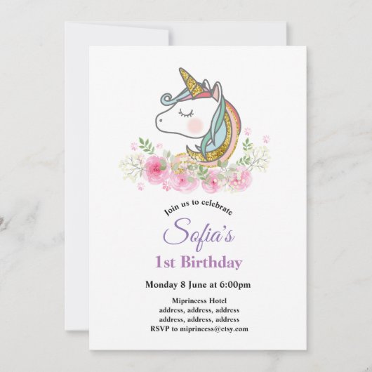 Invitation unicorne, boho, fête d'anniversaire fleurie (Devant)