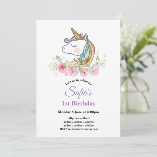 Invitation unicorne, boho, fête d'anniversaire fleurie (Debout devant)