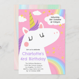 Invitation Unicorne colorée et Rainbows fête d'anniversaire