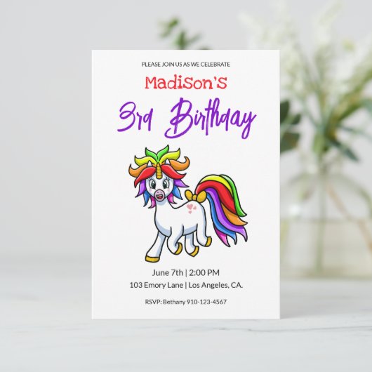 Invitation Unicorne couleur mignonne Anniversaire (Debout devant)