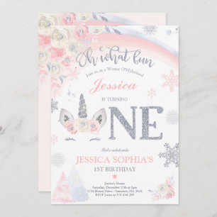 Invitation Unicorne d'hiver 1er anniversaire Pink & Silver Un