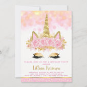 Invitation Unicorne d'or rose fête d'anniversaire (Devant)