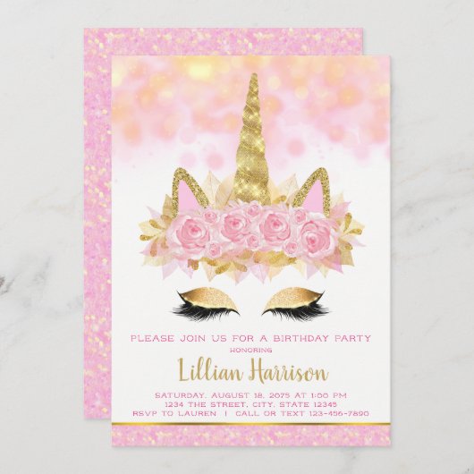 Invitation Unicorne d'or rose fête d'anniversaire (Devant / Derrière)