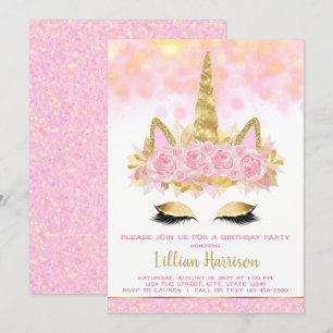 Invitation Unicorne d'or rose fête d'anniversaire