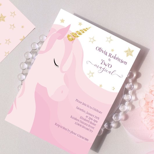 Invitation Unicorne d'or rose magique 2e anniversaire