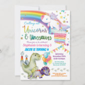 Invitation Unicorne et dinosaure joint anniversaire garçon et (Devant)