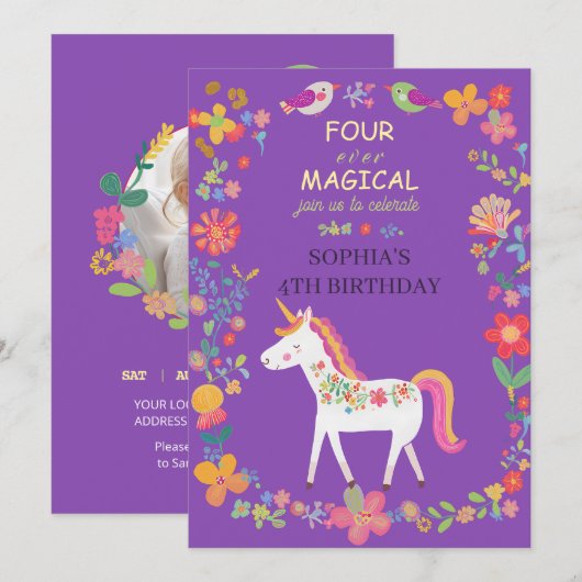 Invitation Unicorne et Fleurs Whimsical (Devant / Derrière)