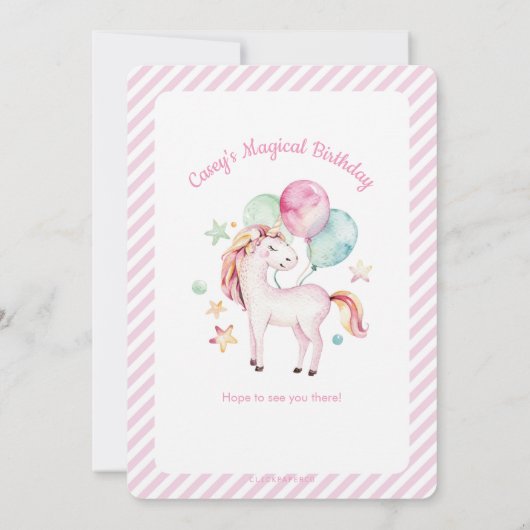 Invitation Unicorne et Rainbow Pink Aquarelle Anniversaire (Dos)