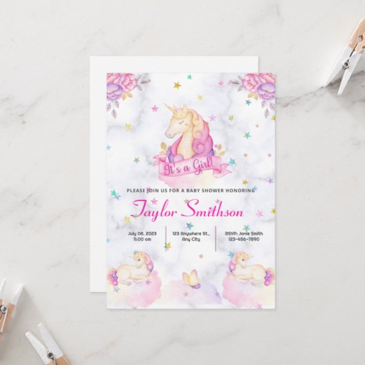 Invitation Unicorne, étoiles et nuages Baby shower à thème ro (Devant/Arrière en situation)