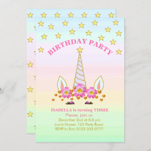 Invitation Unicorne, Etoiles, Fleurs et Confetti Anniversaire