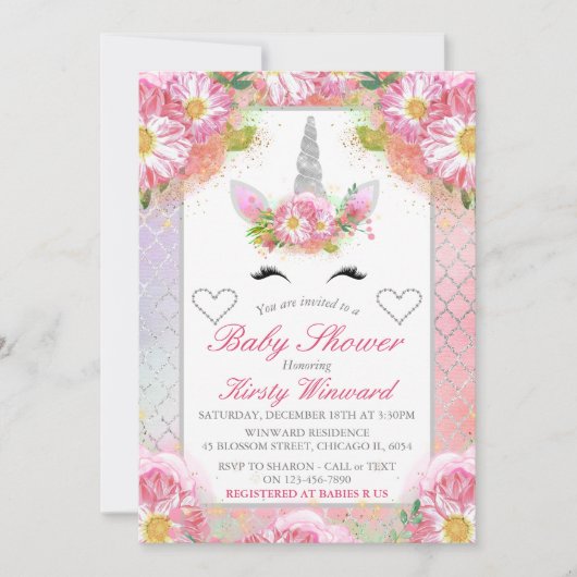 Invitation Unicorne face rose Baby shower argent (Devant)