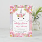 Invitation Unicorne face rose Baby shower argent (Debout devant)