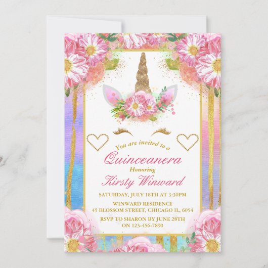 Invitation Unicorne face rose or Quinceañera (Devant)