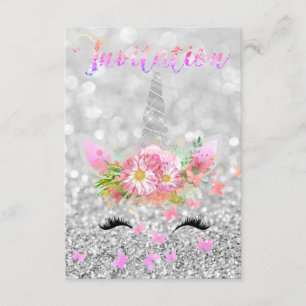 Invitation Unicorne face rose or Silver Gris Parties scintill