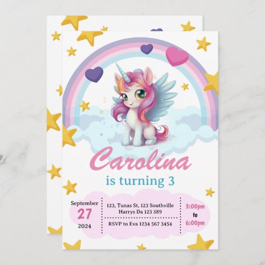 Invitation Unicorne fête d'anniversaire (Devant / Derrière)