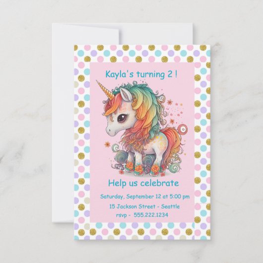 Invitation Unicorne Filles fête d'anniversaire (Devant)