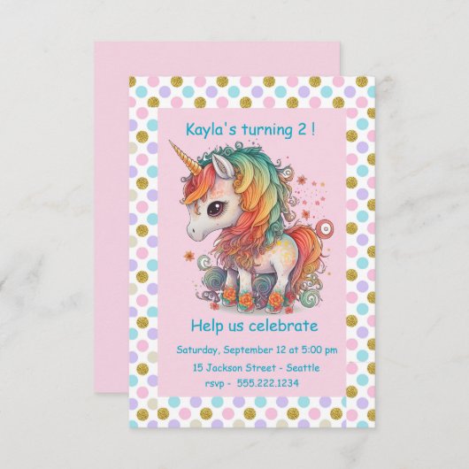 Invitation Unicorne Filles fête d'anniversaire (Devant / Derrière)