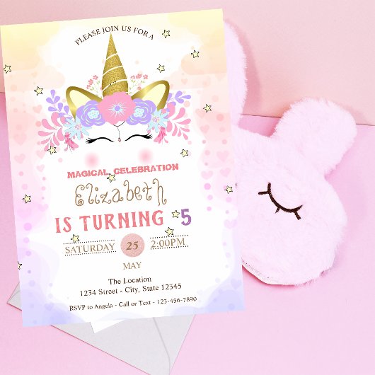 Invitation Unicorne Floral Crown, Anniversaire Pastel