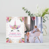 Invitation Unicorne florale brillante Merci (Debout devant)