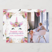 Invitation Unicorne florale brillante Merci (Devant / Derrière)