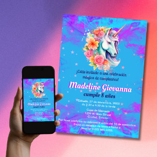 Invitation Unicorne Florale Espagnole Fête d'Anniversaire Pou