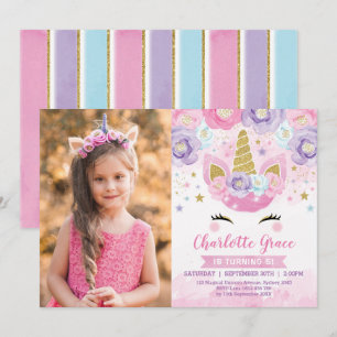 Invitation Unicorne florale rose pourpre bleu arc-en-ciel Ann