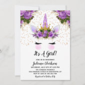 Invitation Unicorne Florale violet Baby shower Princesse (Devant)