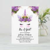 Invitation Unicorne Florale violet Baby shower Princesse (Debout devant)