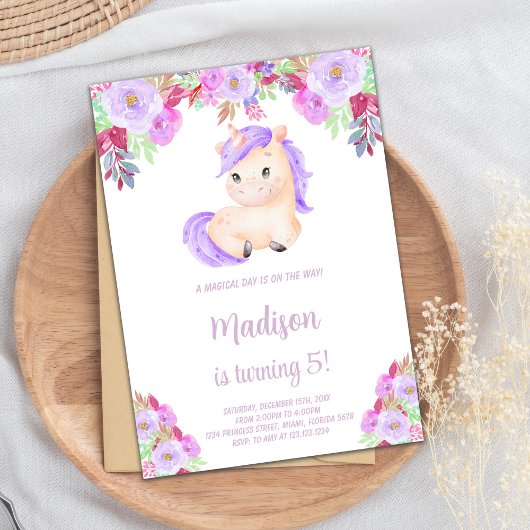 Invitation Unicorne Florale violet et rose