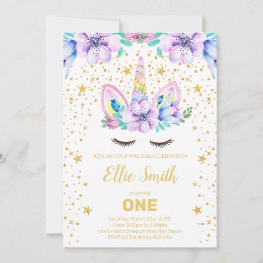 Invitation Unicorne florale violet modifiable (Devant)