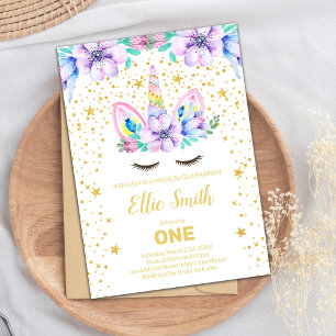 Invitation Unicorne florale violet modifiable