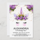 Invitation Unicorne Florale Violet Princesse Anniversaire (Devant)