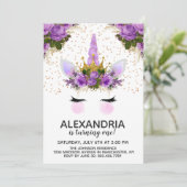 Invitation Unicorne Florale Violet Princesse Anniversaire (Debout devant)