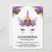 Invitation Unicorne Florale Violet Princesse Anniversaire (Devant)