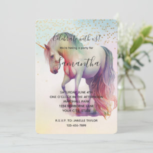Invitation Unicorne Gold Confetti Sparkle Anniversaire
